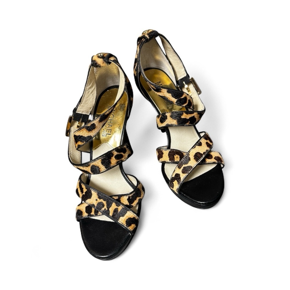Michael Kors Evie Hair Calf Cheetah Print  Platform Sandals Stilettos Heels Sz 6 - Picture 2 of 12